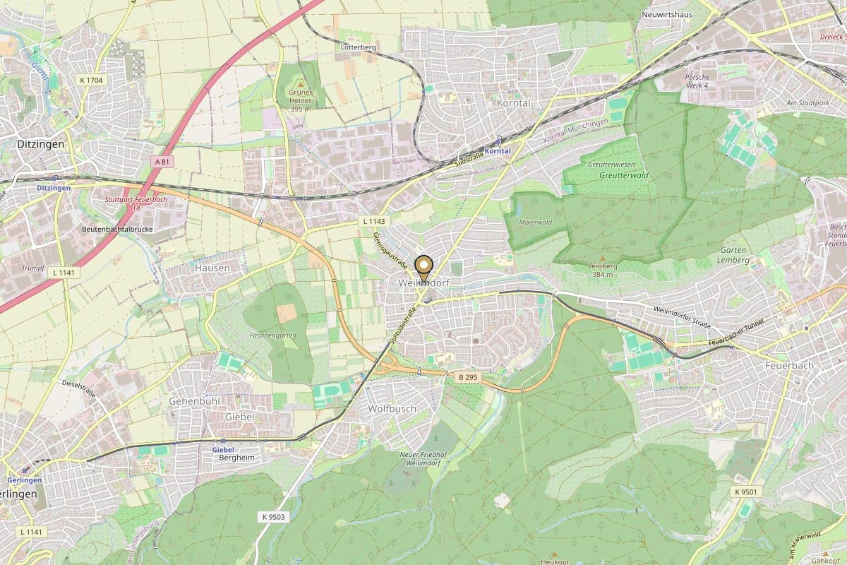 Kartenausschnitt Stuttgart-Weilimdorf und Umgebung mit Markierung des Stadtteilzentrums