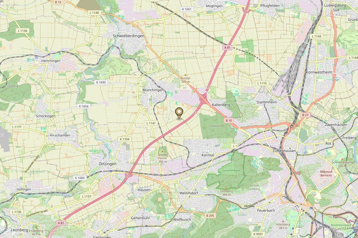 Kartenausschnitt Korntal-Münchingen und Umgebung mit Markierung des Stadtzentrums